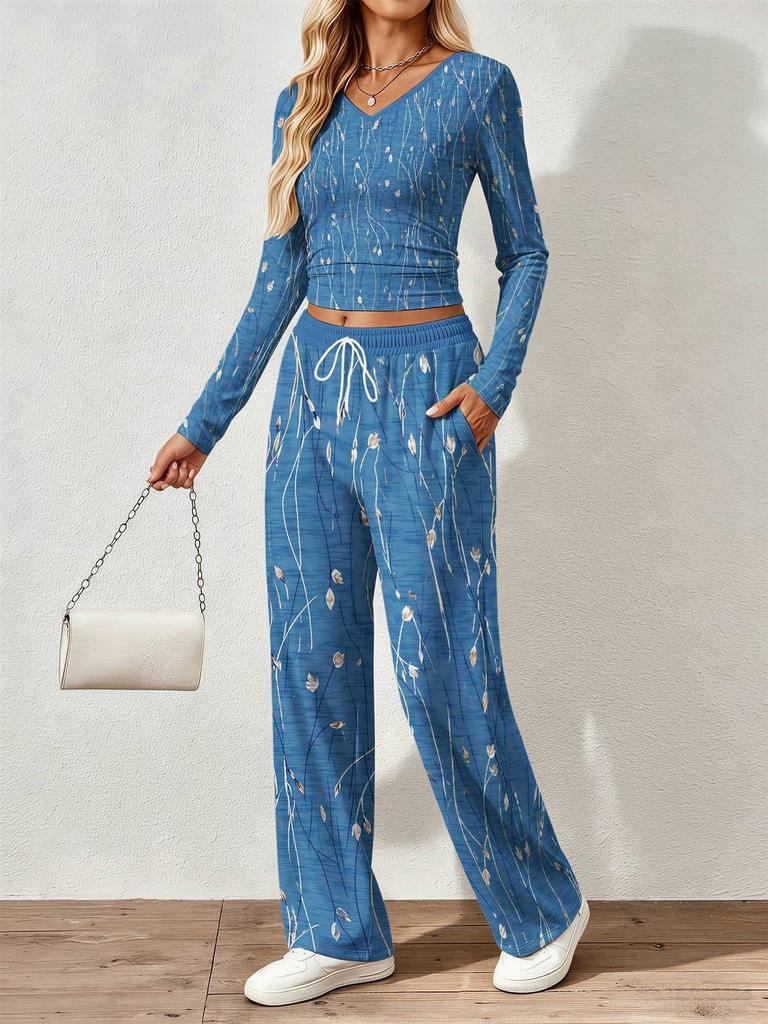 Spring and Autumn Ladies V-Neck Long Sleeve Pants Set Comfortable Casual Versatile Slim Two-piece Set