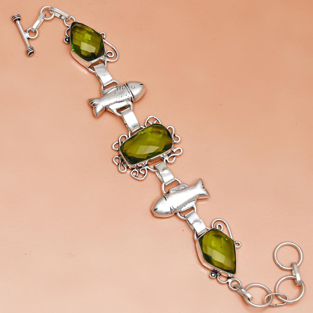 Peridot Quartz Gemstone Handmade Style Silver Jewelry Bracelet 7-8''