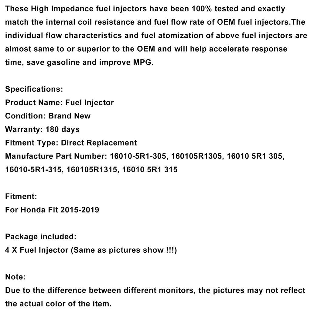 4PCS Fuel Injector 16010-5R1-315 Fit for Honda Fit for 2015-19 1.5L