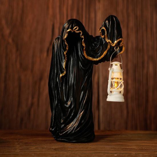 Ghost Wizard Figurine Halloween Ghost Statue with Light-up Lantern Vintage Gothic Ghost Sculpture for Indoor Mantel Cabinet Decoration