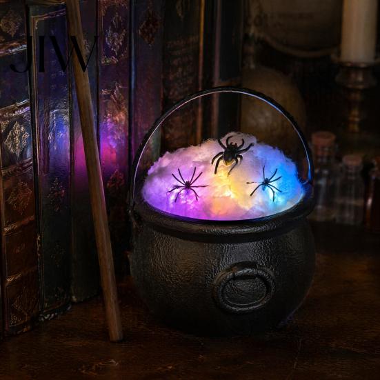 Atmospheric Bar Decor Light Up Witch Cauldron DIY Set, Halloween Glowing Black Plastic Bowl with Spiders, Spooky Table Centerpiece Hocus Pocus