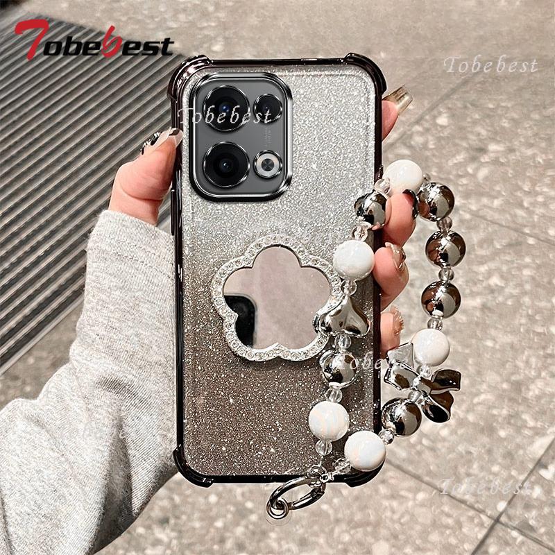 Glitter Shockproof Plating Flower Mirror Bracelet Case for OPPO Reno 13 13F 14 14F 12 12F 11 11F 10 Pro Plus Silicone Cover