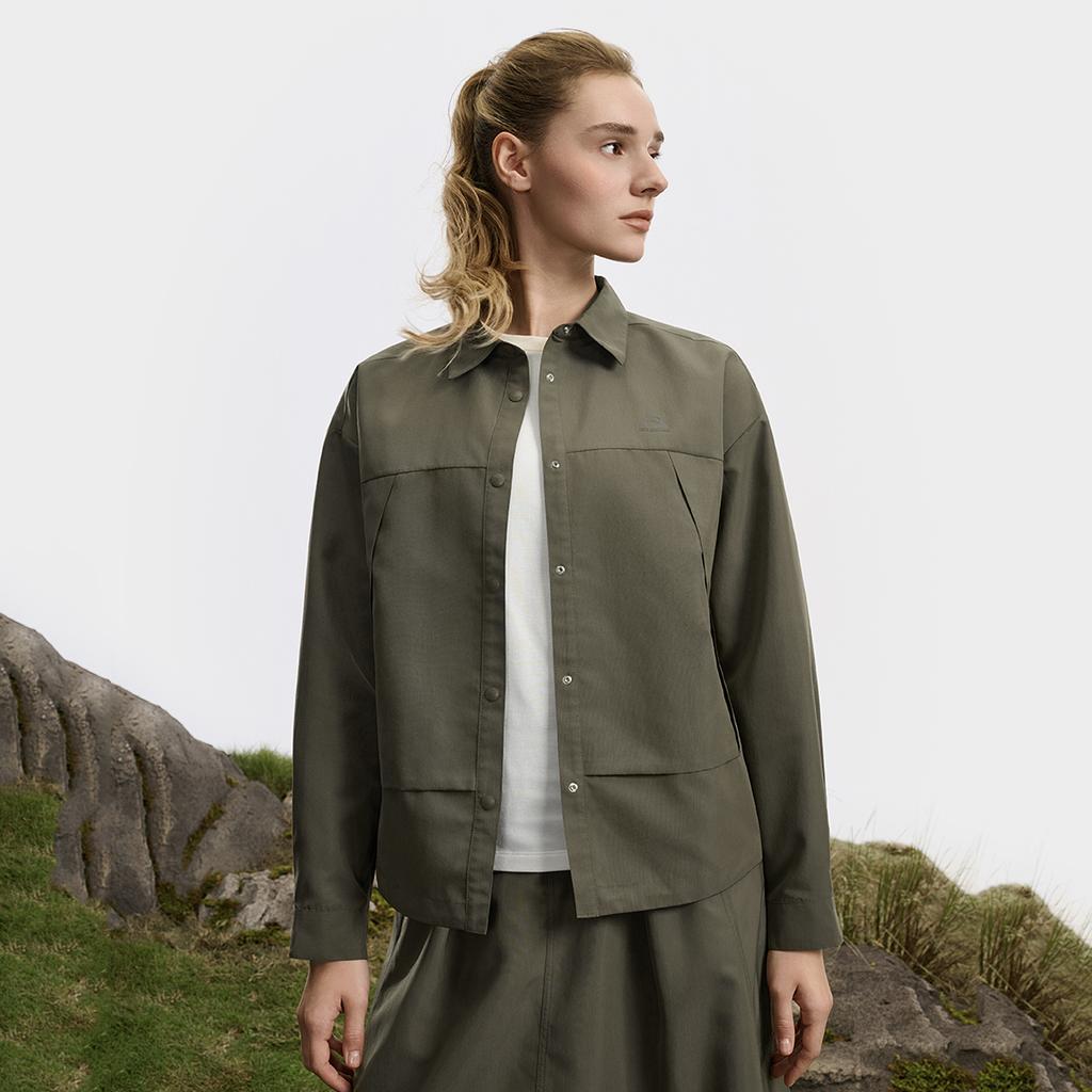 Fila Explore Trendy Minimalist Classic Retro Sports Casual Outdoor Versatile Loose Woven Long Sleeve Shirt Women Shirts Asphalt A11W617401FDG