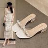 New French thick-heeled slippers summer wear medium-heeled low-heeled temperament crystal high-heeled sandals