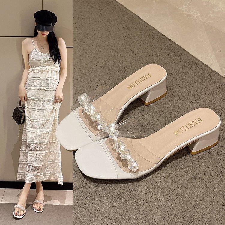 New French thick-heeled slippers summer wear medium-heeled low-heeled temperament crystal high-heeled sandals