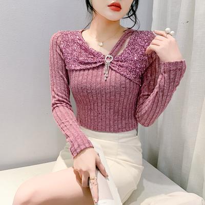 Stilvolles Diagonal-Kragen Hollow T-Shirt Damen Langarm Winter Unterhemd Vielseitiges und Dünnes Oberteil