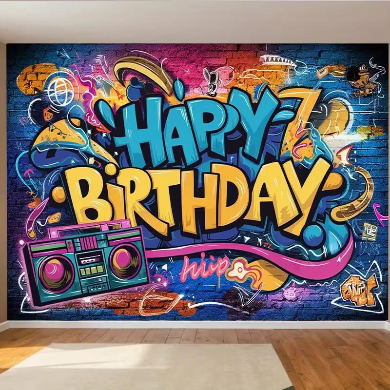 2D Retro Boombox Hip Hop Birthday Tapestry 90s Theme Party Backdrop 47.2x31.5inch/120*80cm