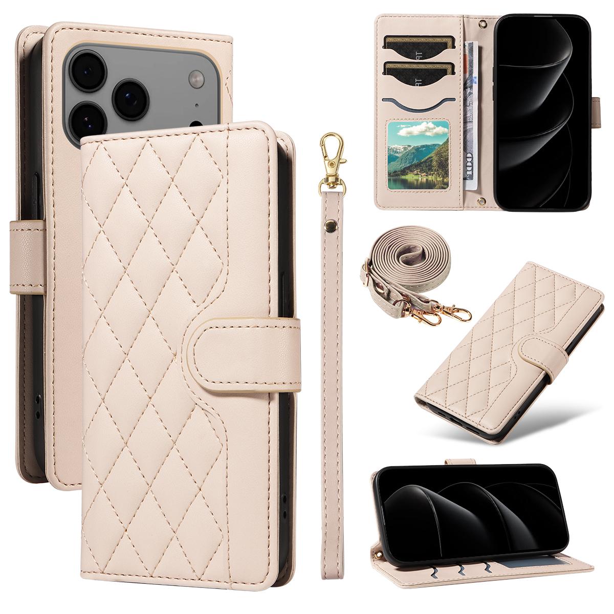 

For iPhone 17 Pro Max Wallet Case Rhombus Leather Phone Cover with Strap Apricot