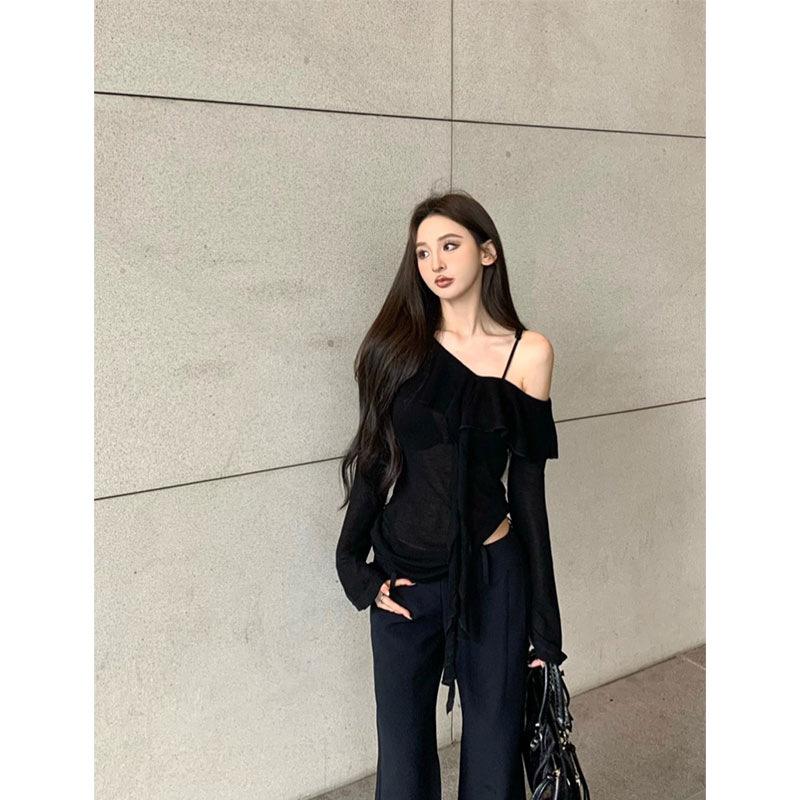Early autumn black one-word shoulder long-sleeved t-shirt women s niche design off-the-shoulder suspender top S чёрный