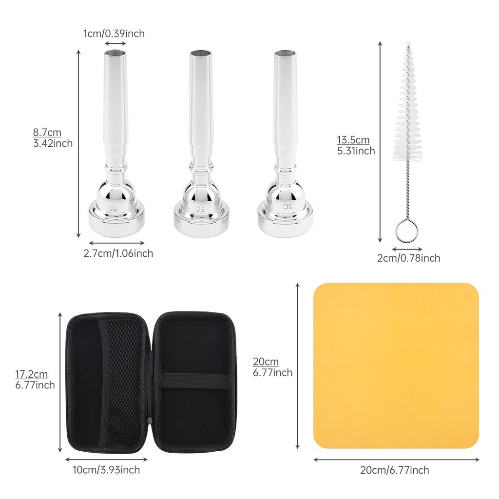 Silver Plated Brass 3pcs Trumpet Mouthpiece Set 3C 5C 7C Includes Brush Cloth EVA Case Professional Beginner Bach Conn King