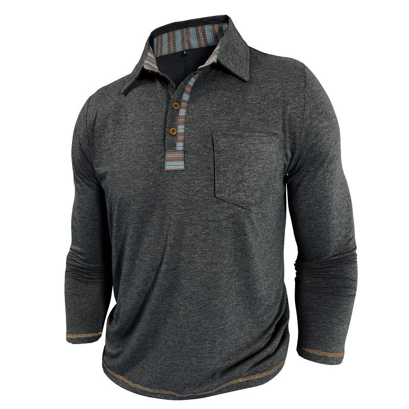 Men Casual Heathered Long Sleeve Polo Shirt with Pocket and Contrast Trim