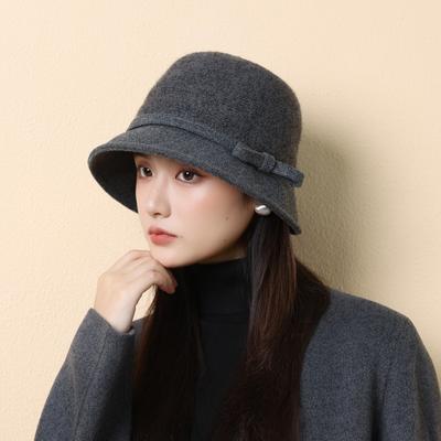 Autumn and Winter Elegant Woolen Bucket Hat Women's Retro Bow High-end Thermal Basin Hat