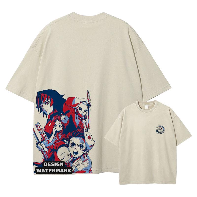 Anime Inosuke Tshirts Oversized Vintage Washed KKimetsu No Yaiba T Shirt Tanjirou Zenitsu Kyoujurou Tops Tees Man Cotton