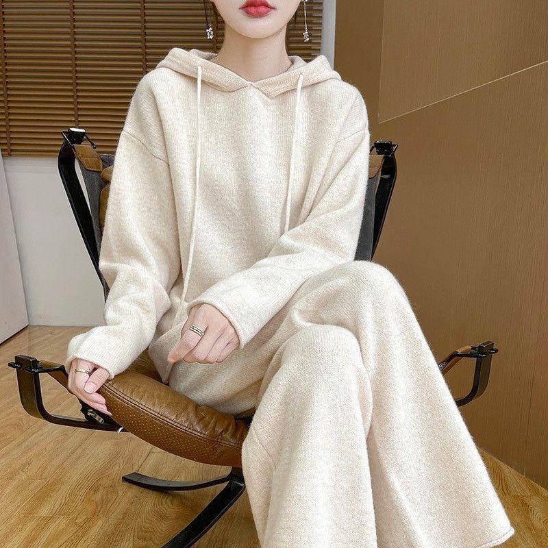 Koreanischer Stil Herbst/Winter 2025 Damen Kapuzen-Strickpullover & Weitbeinige Hosen Set