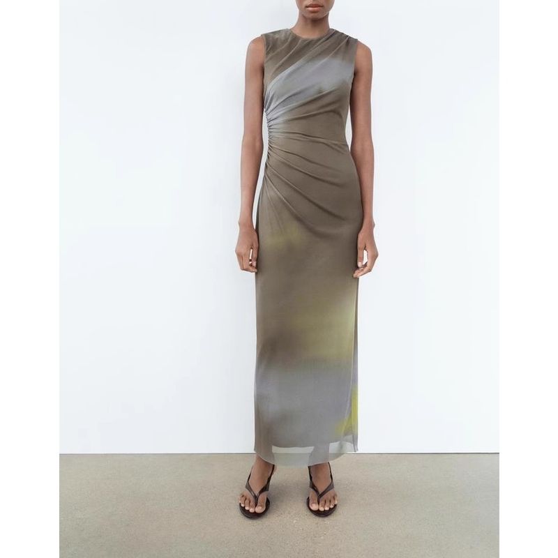 Spring New Arrival French Style Slim-Fit Evening Dress Round Neck Sleeveless Ruched Decoration Midi Skirt Dress 8312478