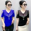 Summer V Neck Mesh Korean Fashion Patchwork Diamond Shirt Short Sleeve Women T Shirt