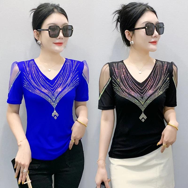 Summer V Neck Mesh Korean Fashion Patchwork Diamond Shirt Short Sleeve Women T Shirt