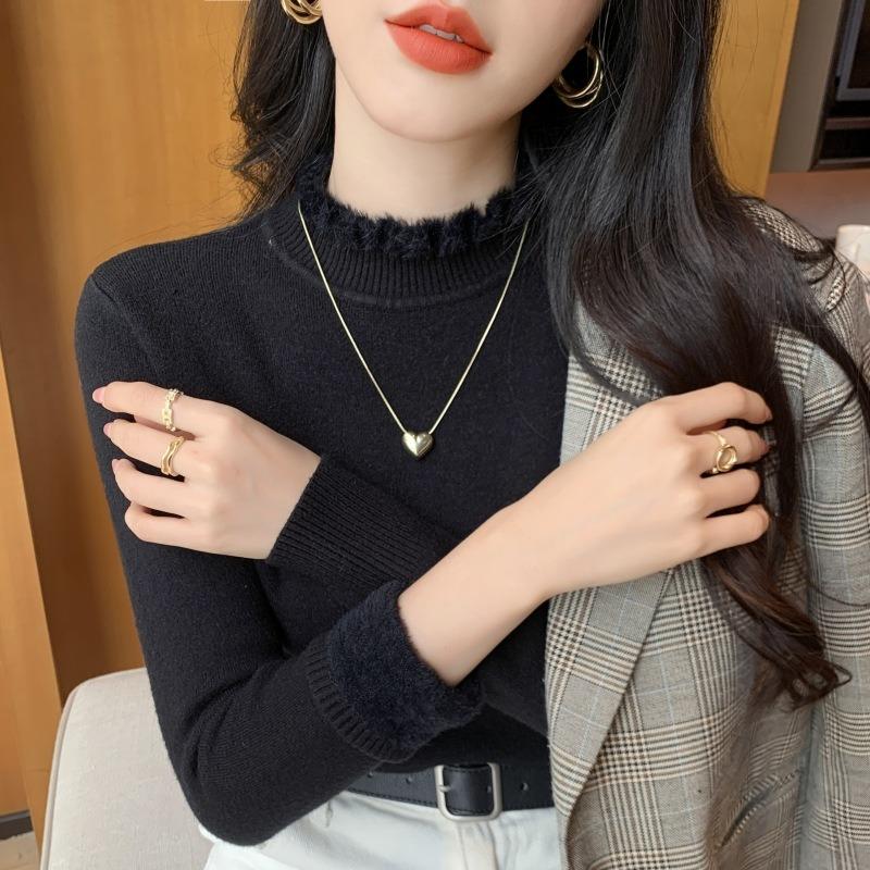 Solid Color Semi-turtleneck Integrated Imitation Mink Fleece Sweater Women's Soft Waxy Knitted Top Spring Fungus Edge Bottoming Shirt