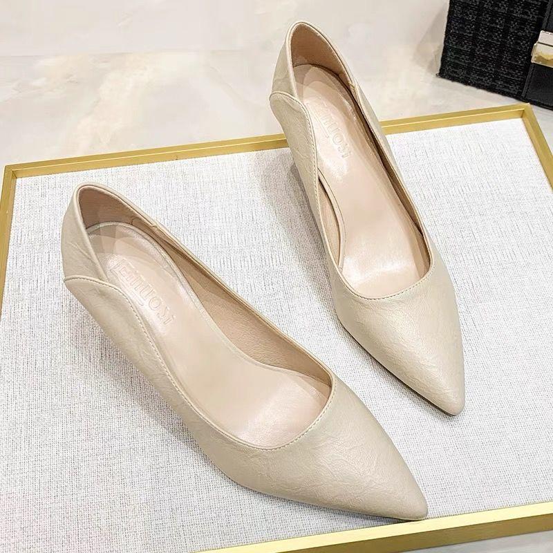 New French commuter professional black single shoes high heels thin heels not tired feet soft leather women's shoes spring