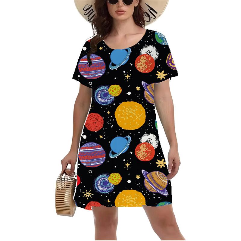 3D Blue Starry Sky Planet Meteor Pattern Print Dress Women Summer Short Sleeve Round Neck Casual A-Line Dress Vestidos De Mujer