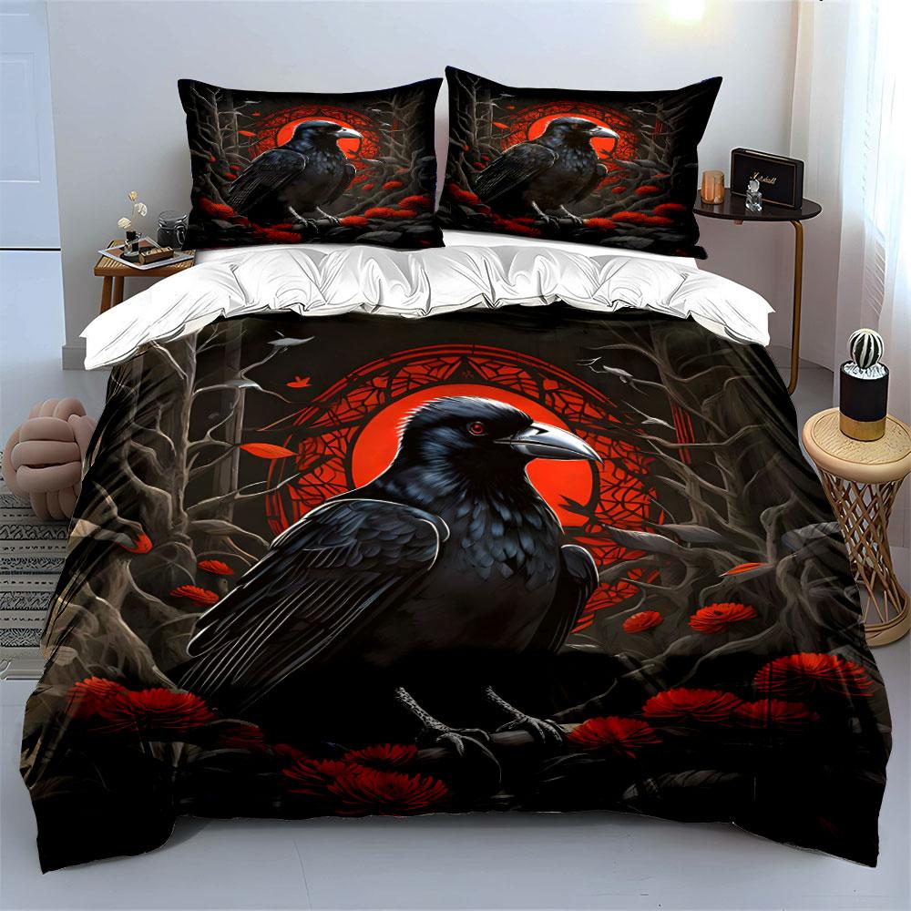 "Raven Art Decor Set Halloween" Bedding Set with 1 Duvet Cover 2 Pillowcases Single Double King Queen, Gift