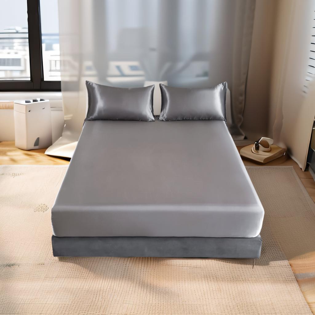 UPzo 3pc Satin Luxury Solid Color Bed Fitted Sheet and Pillowcase Upscale Adjustable Mattress Covers 4 Corners With Elastic Band