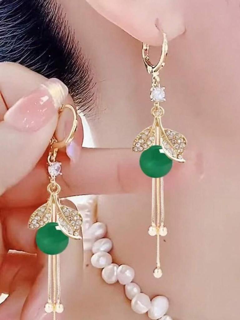 1Pair Luxurious Red New Style Long Tassel Pearl Leaf Dangle Earrings, Elegant Jewelry Accessories