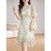 Women's Green Floral Print Chiffon Dress V Neck Ruffle Sleeve Double Layer Hem Casual Midi Dress