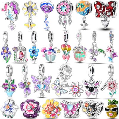 Copper Romantic Lover In Spring Charms Beads Colorful Flower Butterfly Dangle Fit Original Bangle Bracelet Diy Jewelry Gift
