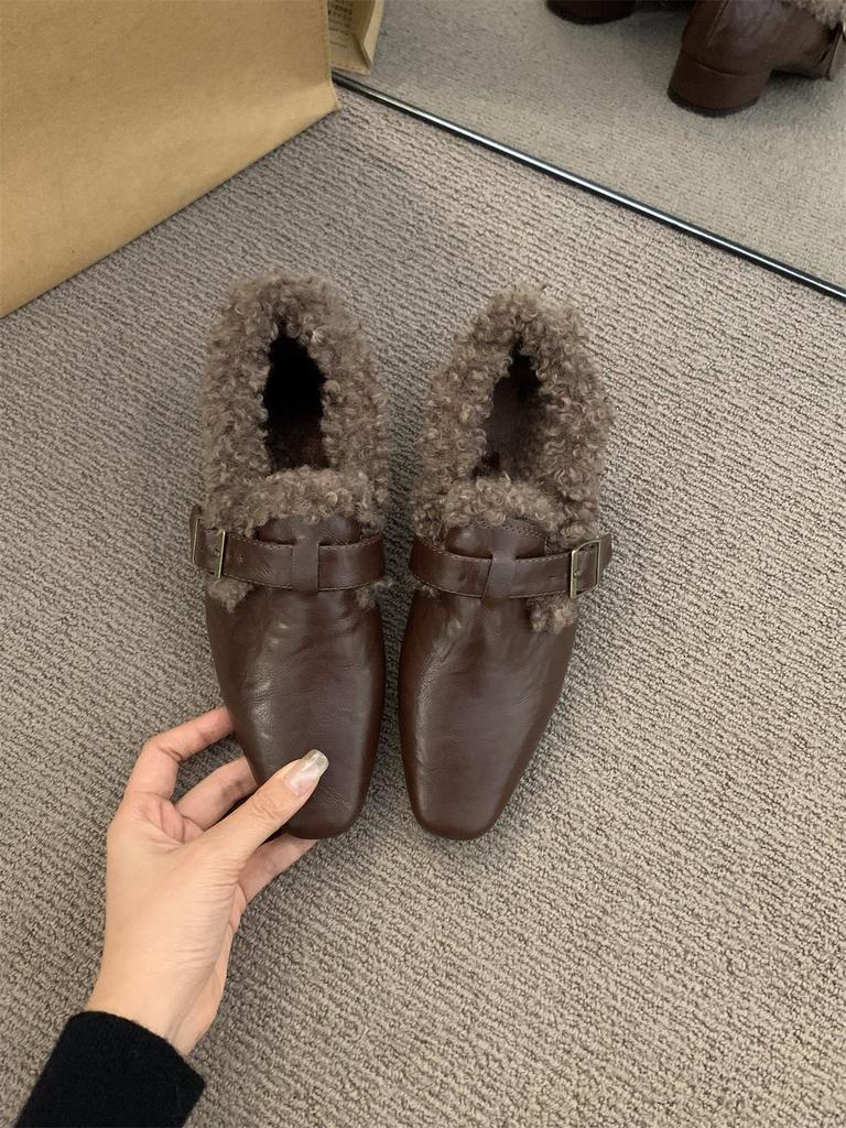Thick Heel Retro Loafer Single Shoes Shoes Seasonal Plush Shoes Small Leather Shoes Warm Cotton Shoes