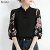 ZANZEA Damen Casual Stehkragen Print Patchwork 3/4 Ärmel Bluse