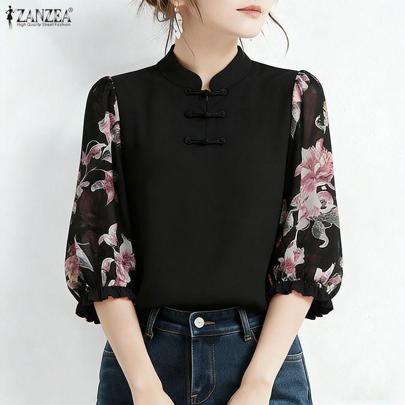 ZANZEA Damen Casual Stehkragen Print Patchwork 3/4 Ärmel Bluse