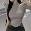 Korean Dongdaemun Sheer High Neck Slim Fit T-Shirt with Five-Point Sleeves