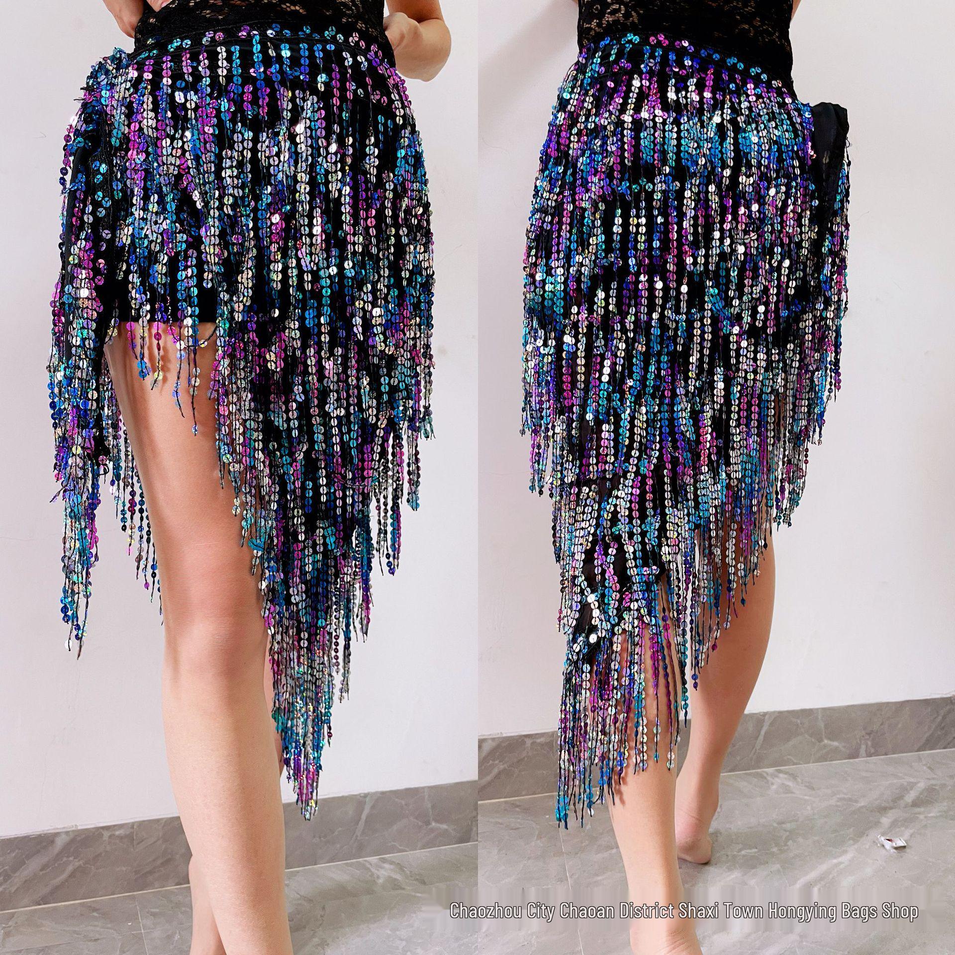 

Юбка для практики танца живота с пайетками и кисточками One Size