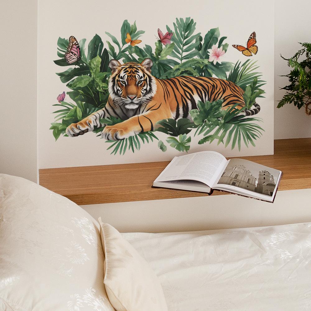 Tiger King of Jungle Wall Stickers with Lush Green Plants, Calming Wild Nature Wall Art for Bedroom and Living Room Home Decor