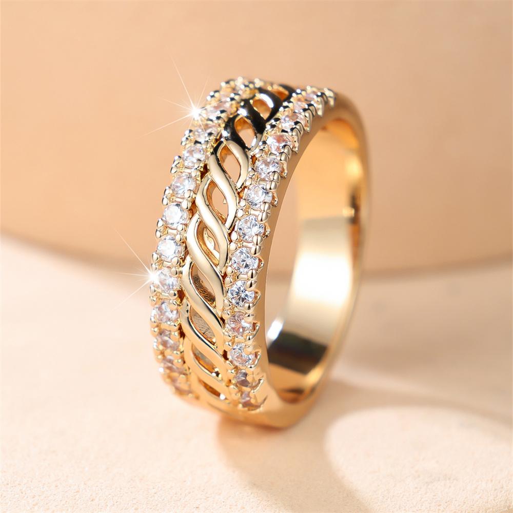 Vintage Hollow Twist Chain White Zircon Double Row Stone Rings For Women Charm Gold Color Ring Wedding Jewelry Mother's Day Gift