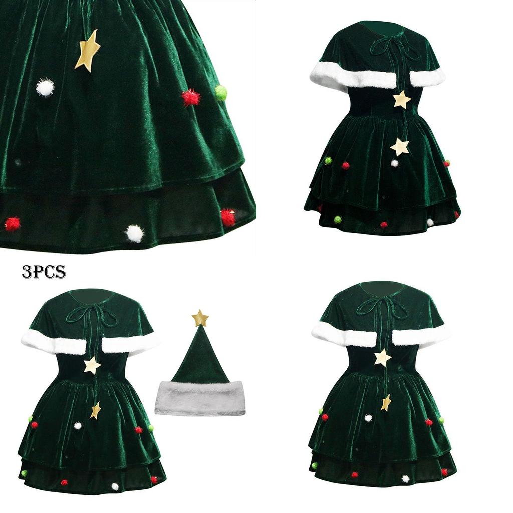 Luxury Xmas Velvet Women Christmas Tree Outfit Dress Cloak Hat Party Props Plus Size