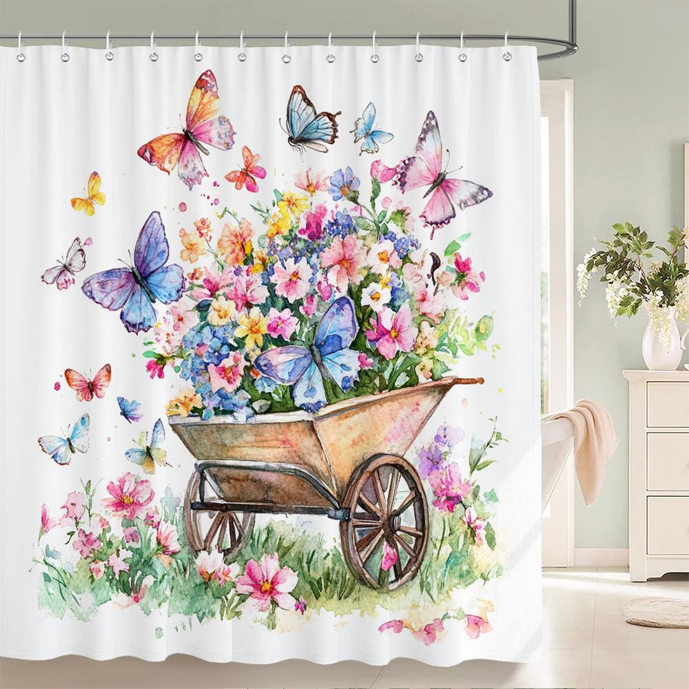 Watercolor Flowers, Leaves And Butterflies Shower Curtain Floral Printed Bathroom Bath Curtain Home Decor Curtain With Hooks