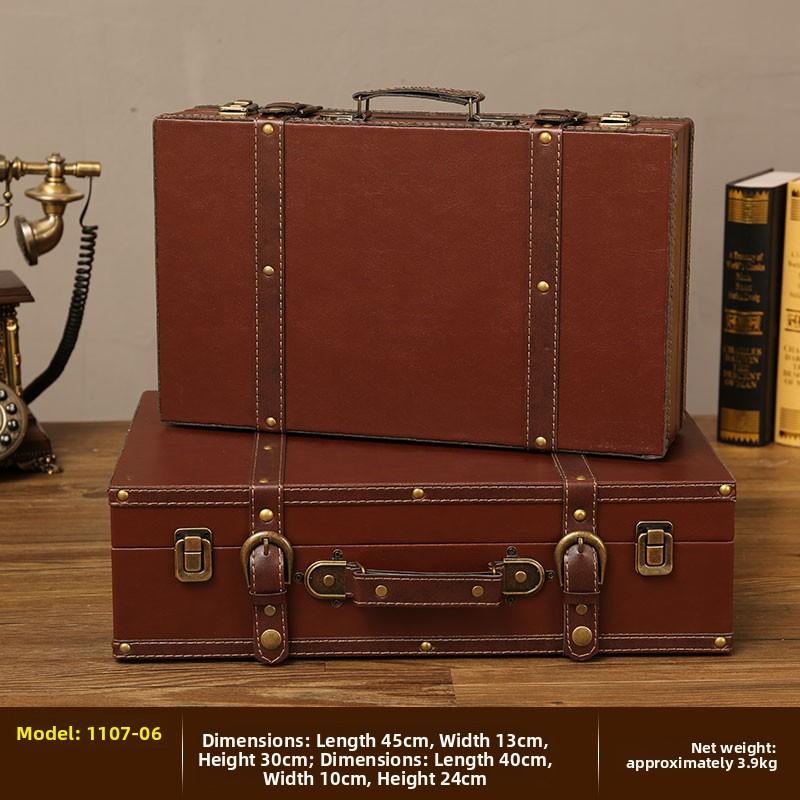 Retro European Wooden Handheld Storage Box Luxury Leather Suitcase Display Prop Box Family Storage Tools Wooden Case Leather