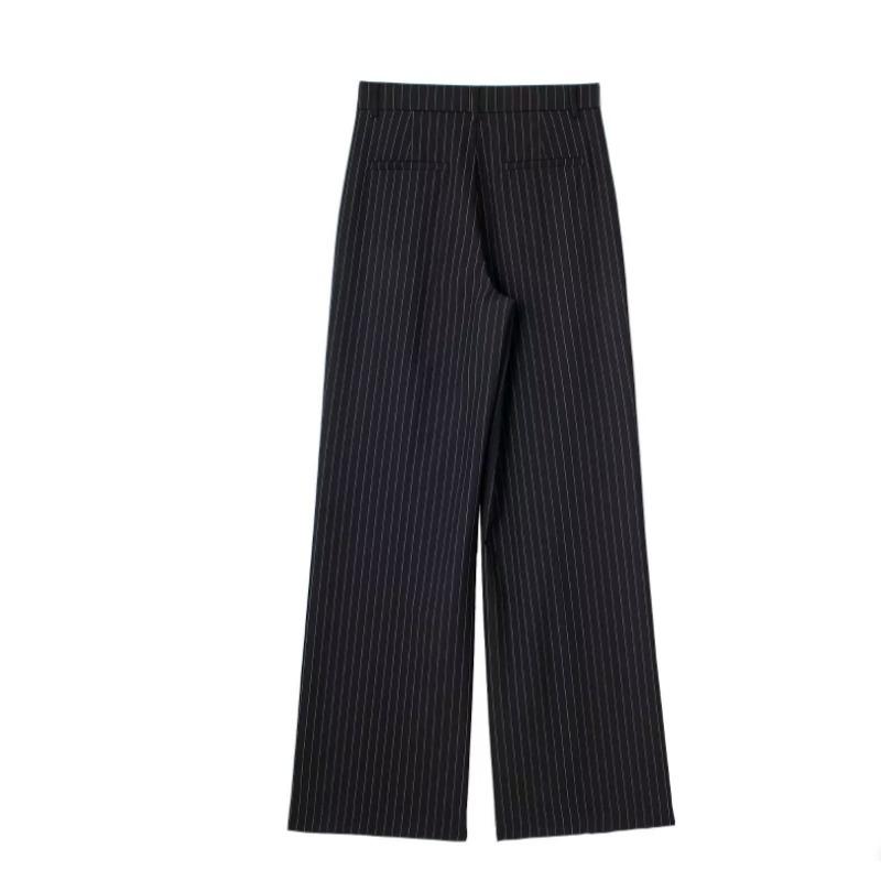 Women Fashion Solid Pleated Front Zipper Wide Leg Pants Vintage High Waist Full Length Female Chic Lady Trousers