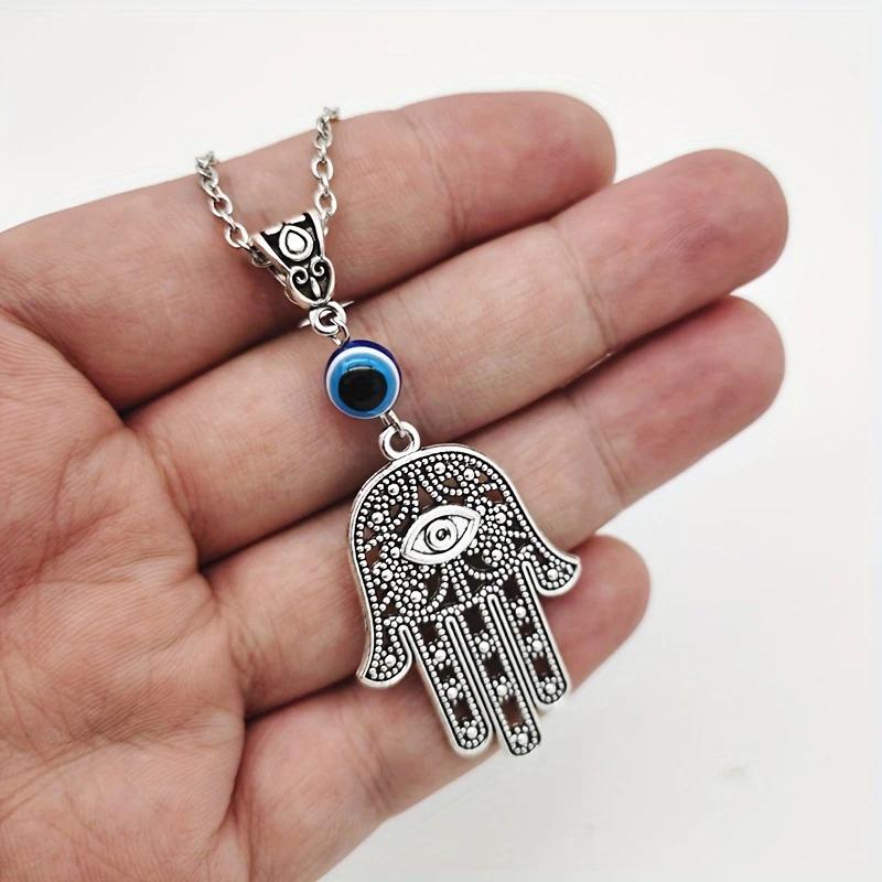Vintage Evil Eye Hamsa Hand Pendant Necklace for Women and Men Spiritual Lucky Amulet Jewelry 60cm