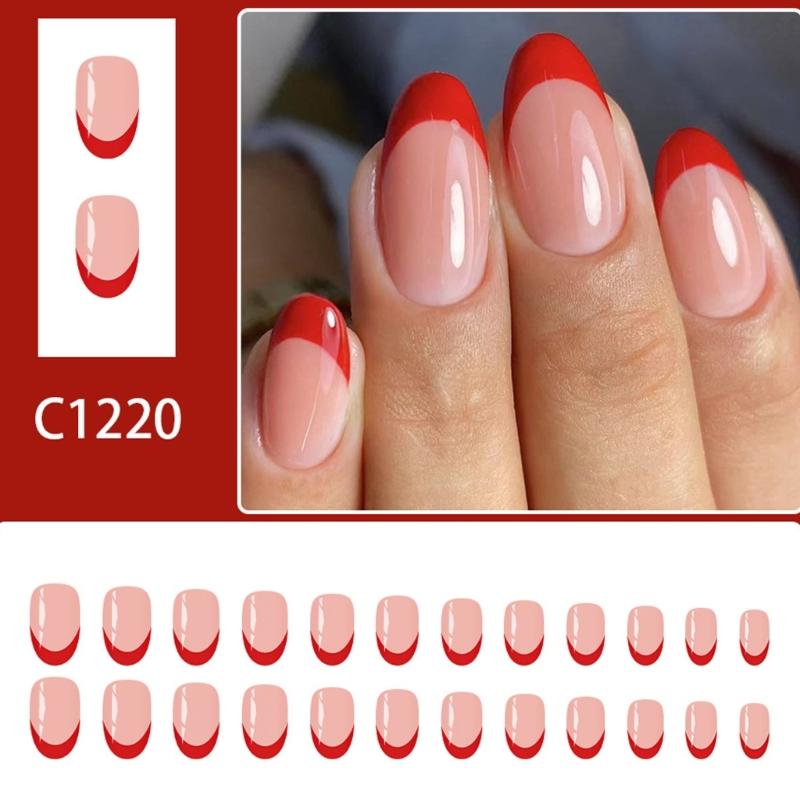 Pack Of 24 French Style Short Red Glossys Fake Nail For Holiday Party Glitters No Tools Needed ABS Material