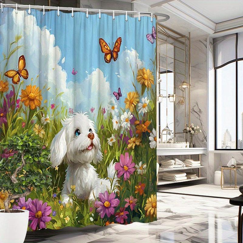 

Fluffy White Dog Shower Curtain - Spring Scene with Flowers & Butterflies, Polyester, 12 Hooks, 70.8x70.8 Inches, Easy to Clean W90XH180cm