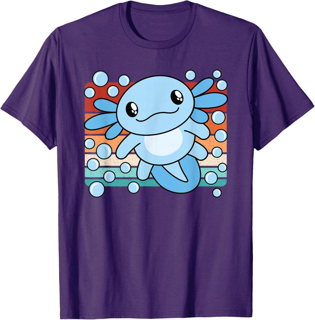 Niedlicher Axolotl Salamander Retro Sonnenuntergang Grafik T-Shirt Weiche Baumwolle Lässiges T-Shirt für Kinder