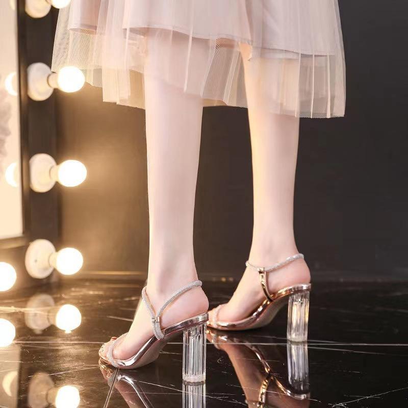 Crystal high heels women's new transparent one-word strap sandals high heel thick heel summer