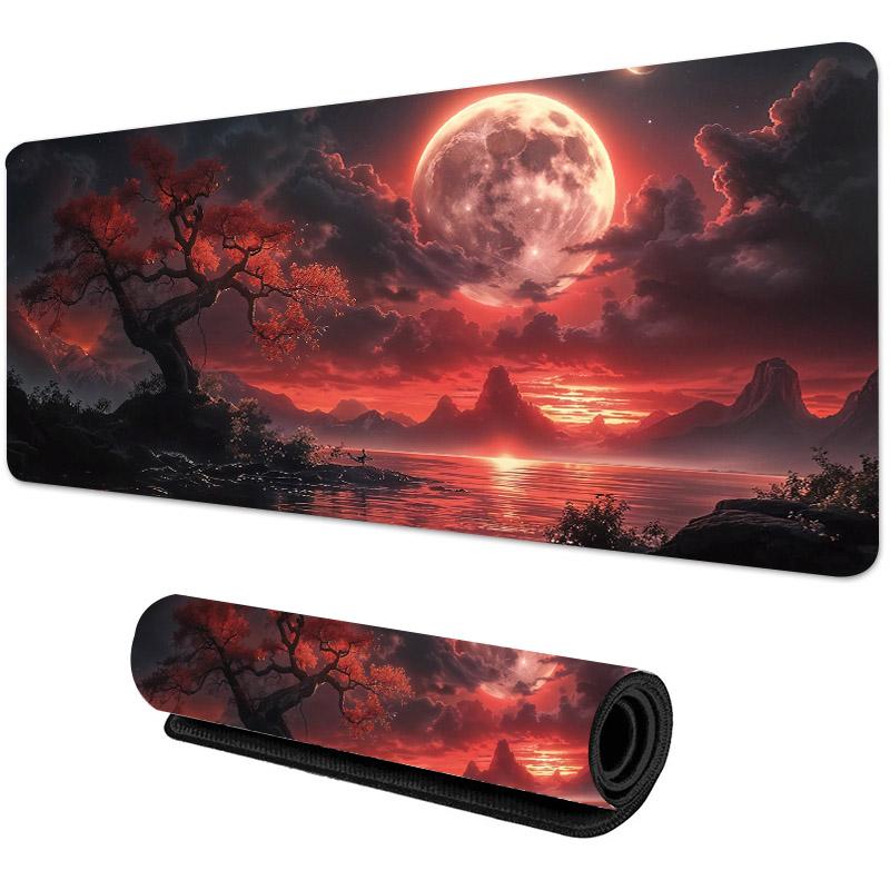 Red Moon Anime mousepad Gaming Mouse Pad Rubber Base, Extended Keyboard Protector for Home Office, Perfect for Gaming