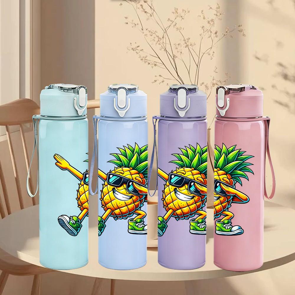 1PC Pineapple Surf Guy Cartoon Print 750ml Color Plastic Sports Water Bottle Leakproof Flip Straw Lid Suitable for Sports Office Home Use
