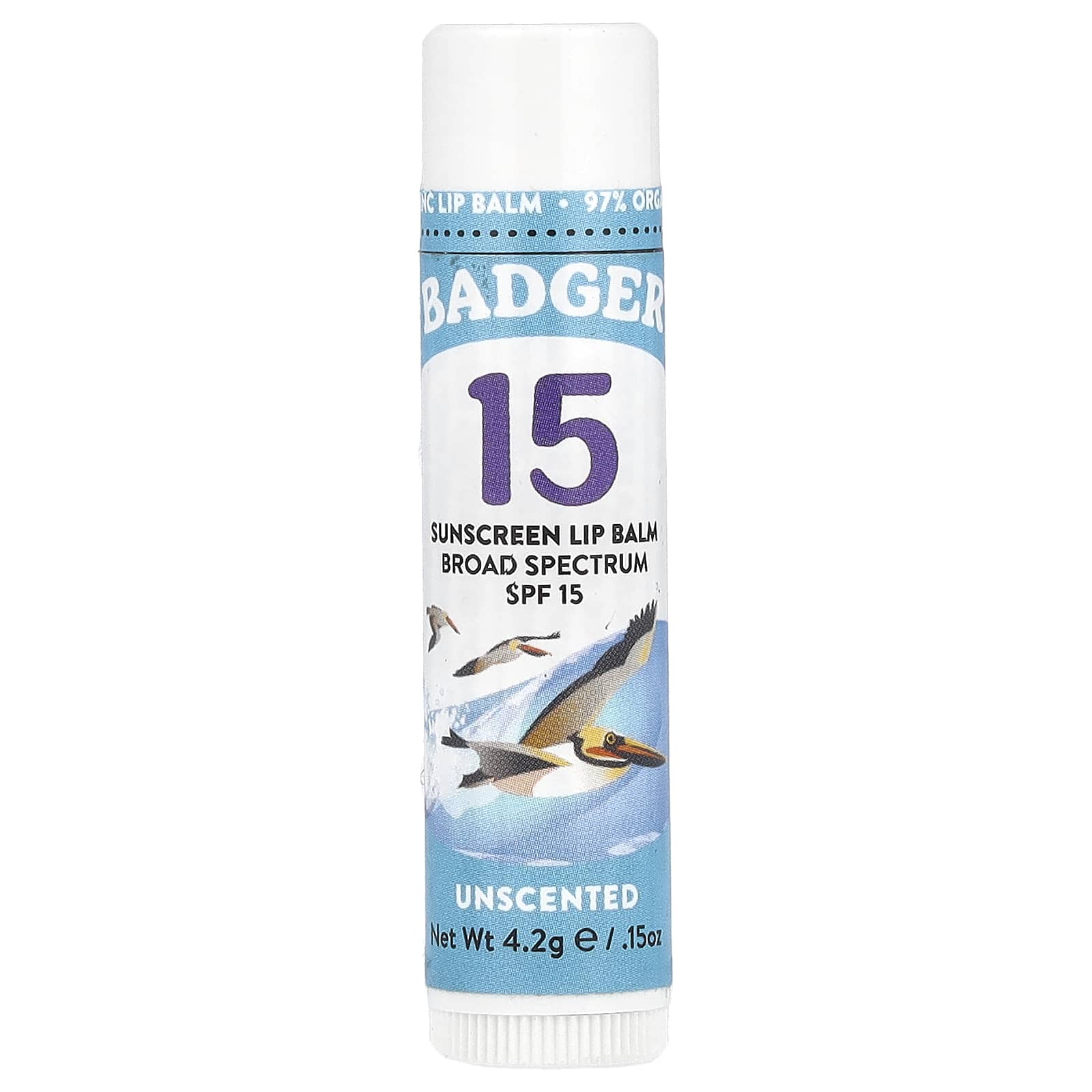 

Badger, солнцезащитный бальзам для губ, SPF 15, без отдушек, 0,15 унции (4,2 г)