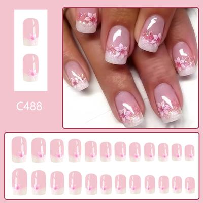 24 Pieces Short Artificial Nail With Flowers Press On Nail French Full Cover Acrylic Stick On Nail Spring False Nail