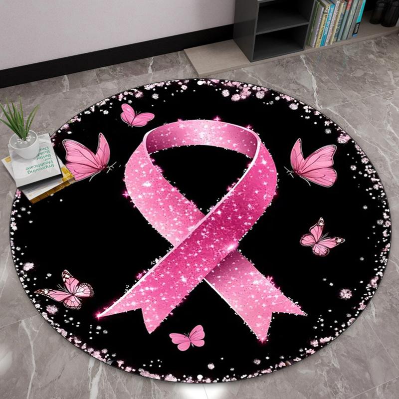 

Breast Cancer Awareness Pink Ribbon Round Rug Butterfly Sparkle Design Bedroom Living Room Floor Mat Soft Decorative Rug 60cm x 60cm